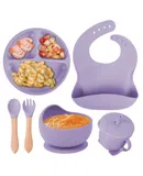 Baby silicone tableBaby silicone tableware set baby learn to eat auxiliary tableware independent eating suction cup bowl all in one Children's dinner plate BPA-free food-grade silicone-Six-piece suit in purple