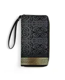 Greek Key Ornate Black & Gold Wallet for Womens PU Leather Zip Around Wallers Clutch Wristlet Travel Long Purse
