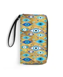 Greek Mati Mataki - Matiasma Evil Eye Pattern Wallet for Womens PU Leather Zip Around Wallers Clutch Wristlet Travel Long Purse
