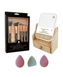 Pursonic Beauty Essentials Set – Studio Makeup Brush Set, Multi-Shape Sponges, and Dual-Sided Vanity Mirror with Bamboo Base