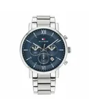 Reloj Tommy Hilfiger Hombre | Coleccion Evan | Modelo 1710409 | Caja Redonda | Ø 44mm Acero inoxidable | Cierre Deslizante | Movimiento Cuarzo | Dial Azul | Cristal Mineral | Correa Acero inoxidable Plateado | 50m / 5 ATM | Línea Lujo