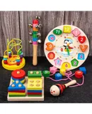 5 Pieces Kids Package 1-3 Years Old Rainbow Tower Set Pillar Kindergarten Baby Educational Early Education Toys Stacking Toys Suitable for Baby Birthday Gifts (Four Sets of Columns + Hand Percussion + Small Winding Beads + Caterpillar + Penguin Clock)