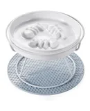 Raised Cat Slow Food Bowl, Cat Bowl for Beard, Ceramic Raised Slow Food Bowl, Anti-Vomiting and Digestive Slow Food Bowl, Suitable for Dry Food and Wet Food (White Three-Fish Slow Food + White Three-Line Plate Rack)