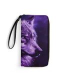 Purple Wolf Wallet for Womens PU Leather Zip Around Wallers Clutch Wristlet Travel Long Purse