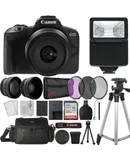 Canon EOS R50 Mirrorless Camera w/18-45mm Lens Black + Gadget Bag + 32GB SDHC Card + Slave flash + Tripod + Card Reader + Cleaning Kit + Filter Set + 49mm 2X Telephoto & Wide Angle Lens Attachment for 49mm Thread Lenses + Lens Cap Holder + Pocket Tripod