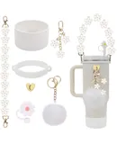 Accessories for Stanley Cup Set Including Water Bottle Handle Strap, Siliocne Stanley Cup Boot, Siliocne Straw Cover, Stanley Charms for Stanley Cup 40oz & 30oz Tumbler--White