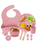 Child set of silicone tableware set baby spoon fork bib auxiliary food dinner plate bowl food grade silicone tableware ten pieces set -pink
