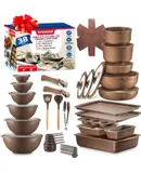 Bakken Master 38 Piece Granite Cookware and Bakeware Set – Nonstick Granite Coating, Pots and Pans with Detachable Handles and Tempered Glass Lids, 6-piece Bakeware set, 12-piece Mixing Bowls, Brown