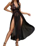 Deep V Neck Nightwear, One Piece Sexy Nightgowns Lace Mesh Dress - L