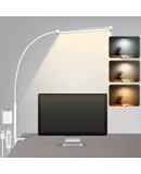 LED Desk lamp with Clamp, Eye-Caring Clip on Lights for Home Office, 3 Modes 10 Brightness, Long Flexible Gooseneck,Metal, Swing Arm Architect Task Table Lamps with USB Adapter, White