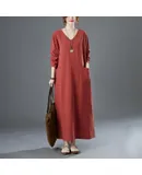 Spring Autumn Vintage Women's Cotton Linen Long Sleeve Dress Stitching V Neck  Pocket Loose Dress