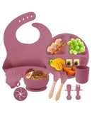 Child set of silicone tableware set baby spoon fork bib auxiliary food dinner plate bowl food grade silicone tableware ten pieces set -brick-red