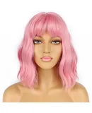 Short Bob Wigs with Bangs for Women ，  Synthetic Cosplay Wig for Girl Colorful Costume Wigs，14inches  ，pink