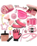 Puppy Starter Kit for Small Dogs, 26 pcs Dog Supplies, Dog Toys, Collar & Leash, Training Clicker, Treat Bag, Poop Waste Bag with Dispenser, Blanket, Grooming Glove, Bowls, Toothbrush, etc