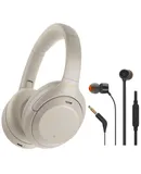 Sony WH-1000XM4 Wireless Noise Canceling Over-the-Ear Headphones with Google Assistant and Alexa - Silver + JBL T110 in Ear Headphones Black