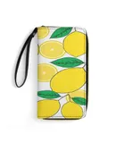 Lemon Print Lemon Leaves Wallet for Womens PU Leather Zip Around Wallers Clutch Wristlet Travel Long Purse