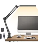 LED Desk Lamp, Swing Arm Desk Light with Clamp, 3 Lighting 10 Brightness Eye-Caring Modes, Reading Desk Lamps for Home Office 360°Spin with USB Adapter & Memory Function white-14W