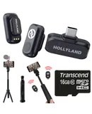 Hollyland LARK A1 Mini Duo 2-Person Wireless Microphone System with USB-C Connector for Mobile Devices (Space Gray, 2.4 GHz) + Vivitar 13 Inch Foldable Pocket Tripod with Wireless Remote and Smart Phone Bracket + 16GB Transcend MicroSD Card with Adapter