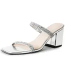 J. Adams Stormi Heeled Sandals Women Dressy Summer Flat Mules- Square Toe Double Band Low Block Heel Sandals