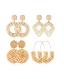 Handmade Raffia Rattan Earrings Lightweight Teardrop Geometric Statement Bohemian Earrings for Women, Boho Cute Hoop Drop Dangle Earrings Set--4 Pairs(A)
