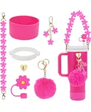 Accessories for Stanley Cup Set Including Water Bottle Handle Strap, Siliocne Stanley Cup Boot, Siliocne Straw Cover, Stanley Charms for Stanley Cup 40oz & 30oz Tumbler--Rose Red