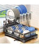 Dish Drainer Rack, Detachable 2 Tier Dish Draining Rack and Drain board Set, Large Capacity Dish Drainer Organizer Shelf with Utensil Holder, Cup Rack for Kitchen Counter, Black