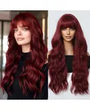 27-inch Wine Red Long Curly Hair Wig for Women with Bang Natural-looking Wavy Wigs Heat Resistance Synthetic Hair Wig Hairpiece with Hair Net for Cosplay Party Daily Use