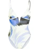 Simkhai Women One Piece Swimsuit Maelle V-Neck Pull On Marina Blue Print