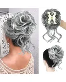 Faux Hair Bun Tousled Updo Hair，Messy Bun Hair Piece Claw Clip Curly Wavy Bun Hair  ( Grey Mix White)-2pcs