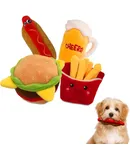 4 Pack Squeaky Plush Dog Chew Toy Assortment Food Bundle Puppy Meal Deal Hamburger, French Fries, Hot Dog, Beer, Cute Interactive Crinkle Toys for All Breeds and Sizes