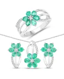 3.61 Carat Genuine Emerald And White Topaz .925 Sterling Silver Set (ring, Earrings, And Pendant )