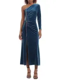 Donna Morgan Velvet One Shoulder Embellished Front Slit Midi Dress In Poseidon