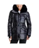 Michael Kors Black Shiny Down Belted Faux Fur Collar Quilted Coat Jacket