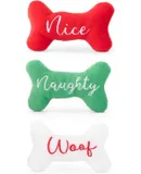 Christmas Dog Toys, Holiday Miniz 3-Pack Stuffed Animals for Small & Medium Dogs & Puppies, Plush Interactive Squeaky Toys, Stocking Stuffer Gifts Naughty & Nice Bones
