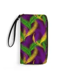 Violet And Green Festive Mardi Gras Carnival Palm Leaves Wallet for Womens PU Leather Zip Around Wallers Clutch Wristlet Travel Long Purse