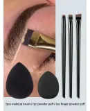 3 make-up brushes and 3 black triangular sponges for eyeliner, eyebrow brush and eyeshadow.