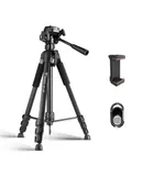 Camera Tripod with Travel Bag, Cell Phone Tripod with Wireless Remote and Cell Phone Holder for DSLR, Cell Phone, Projector, Webcam, Spotting Telescope (Black)