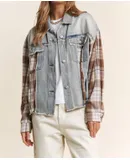 J.nna Color Block Plaid And Denim Jacket In Brown Plaid Denim