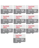 10x SanDisk Ultra 64GB microSDXC Memory Card UHS-1 Upto 100 MB/s Class 10 Full HD Video with SD Adapter