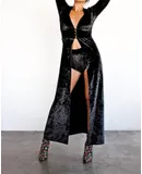 Sugarpuss Clothing Crushed Velvet Hooded Duster Robe In Black