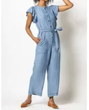Lilla P Flutter Sleeve Jumpsuit In Washed Chambray