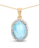 14k Yellow Gold Plated 13.55 Carat Genuine Larimar And White Topaz .925 Sterling Silver Pendant