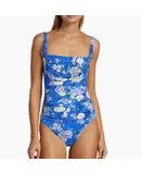 Johnny Was Women 100% Nylon Blue Dove Ruched Squareneck One Piece Multi