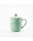 Teacups 13oz Coffee Mugs with Lid Porcelain Cups Embossed with Peony Chinese Celadon(01-Green)