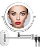 Rechargeable Wall Mounted Lighted Makeup Vanity Mirror 8 Inch Double Sided 1X 3X Magnifying Bathroom Mirror, 3 Color Lighting, Touch Screen Dimming, Extended Arm 360 Rotation Shaving Light up Mirror