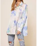 Ces Femme Monica Tie Dye Print Boyfriend Satin Shirt And Matching Crop Top In Blue Multi