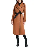Tahari Women's Black Juliette Double Face Wool Belted Coat with Faux Leather Trim Caramel