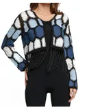 Adore Faux Suede Patchwork Crochet Fringe Jacket In Denim/white
