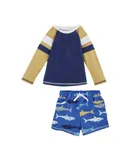 Mudpie Boy's Shark Rash Guard And Swim Trunk Set In Blue Multi