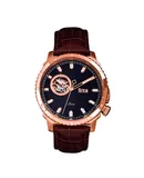 Reign Bauer Automatic Semi-Skeleton Leather-Band Watch - Rose Gold/Black